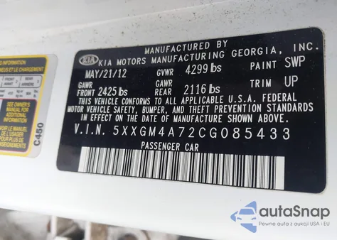 2012 Kia Optima Lx z USA, uszkodzony, nr VIN 5XXGM4A72CG085433